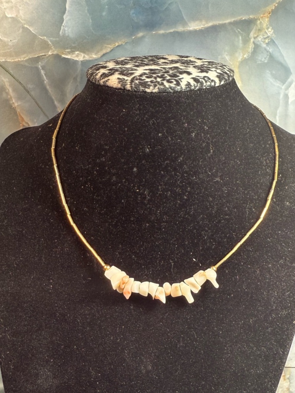 Delicate Choker Style Gold Tone Necklace with Cream Shell Chip Accents - Picture 3 of 6